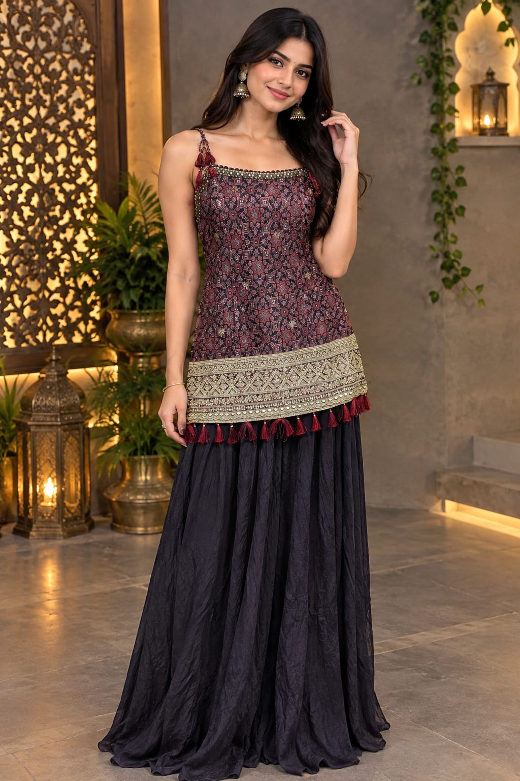 MIDNIGHT NAVY BLUE  & Maroon Zari Embroidered Palazzo Set.