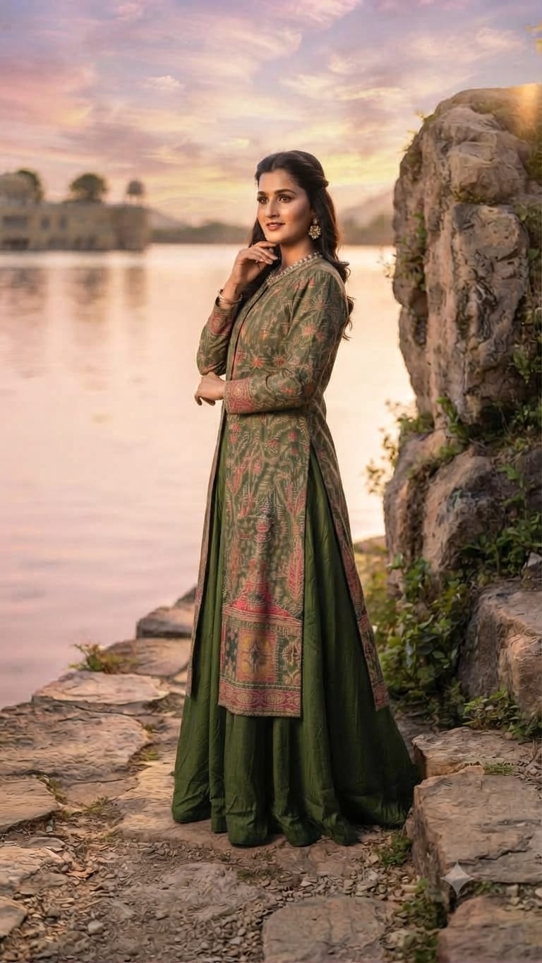 Olive Green Embroidered Jacket Palazzo Set.