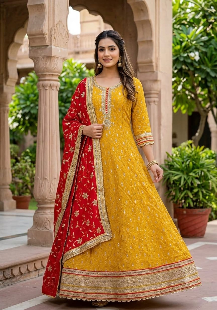 Mustard Yellow Georgette Embroidered Chikankari Anarkali Set.