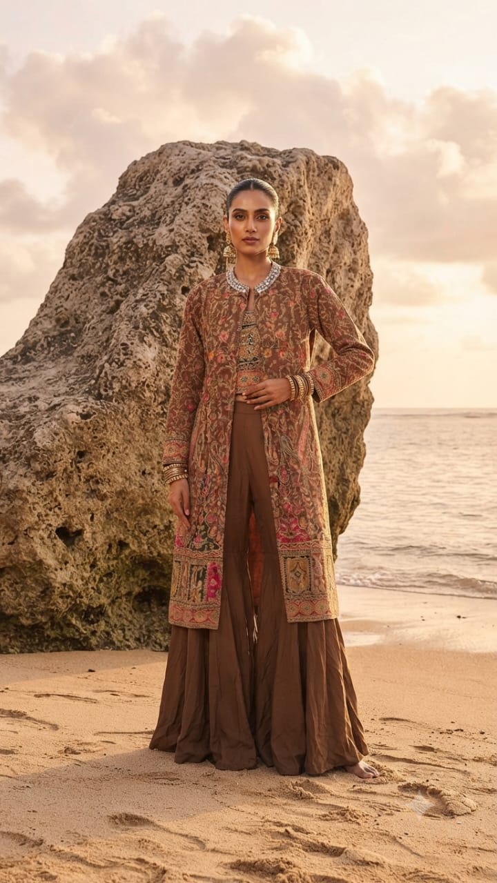 Rust Brown Embroidered Longline Jacket Palazzo Set.