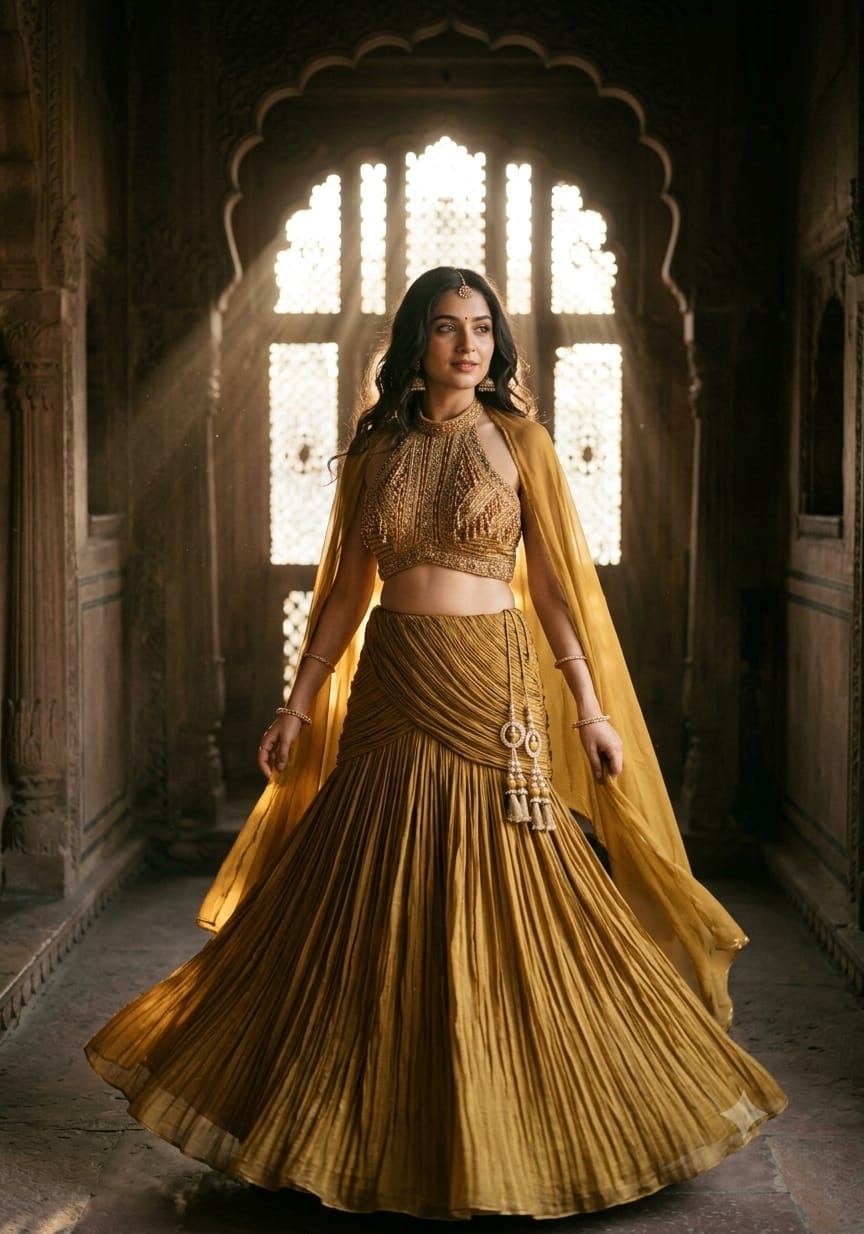 Olive-Gold Satin Silk Fish Cut halter-neck cropped Lehenga Choli Set.