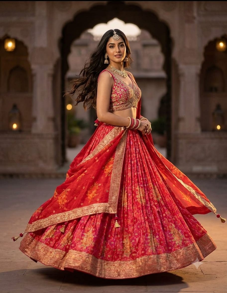 Scarlet Red Banarasi Silk & Embroidered Lehenga Set.