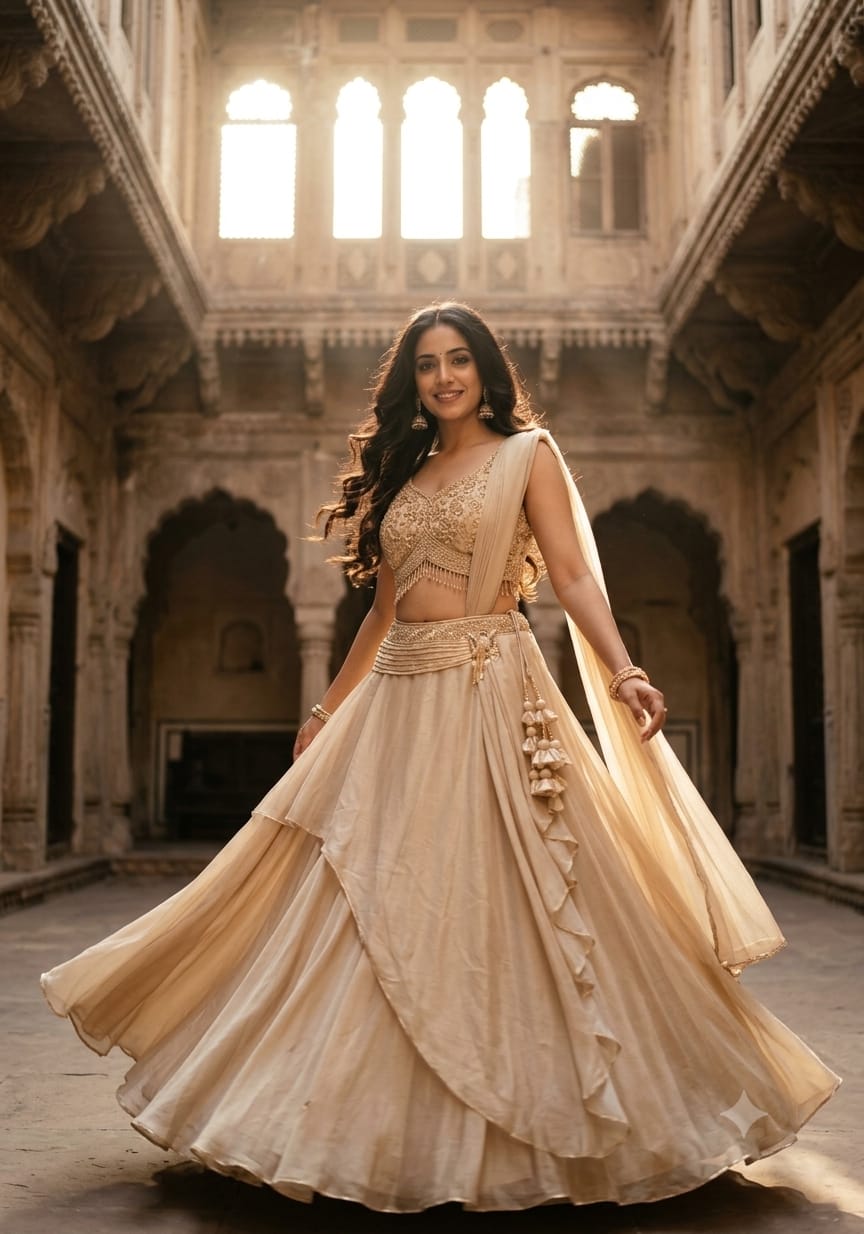 Champagne Gold Draped Satin Silk Hand Work Lehenga Choli Set.