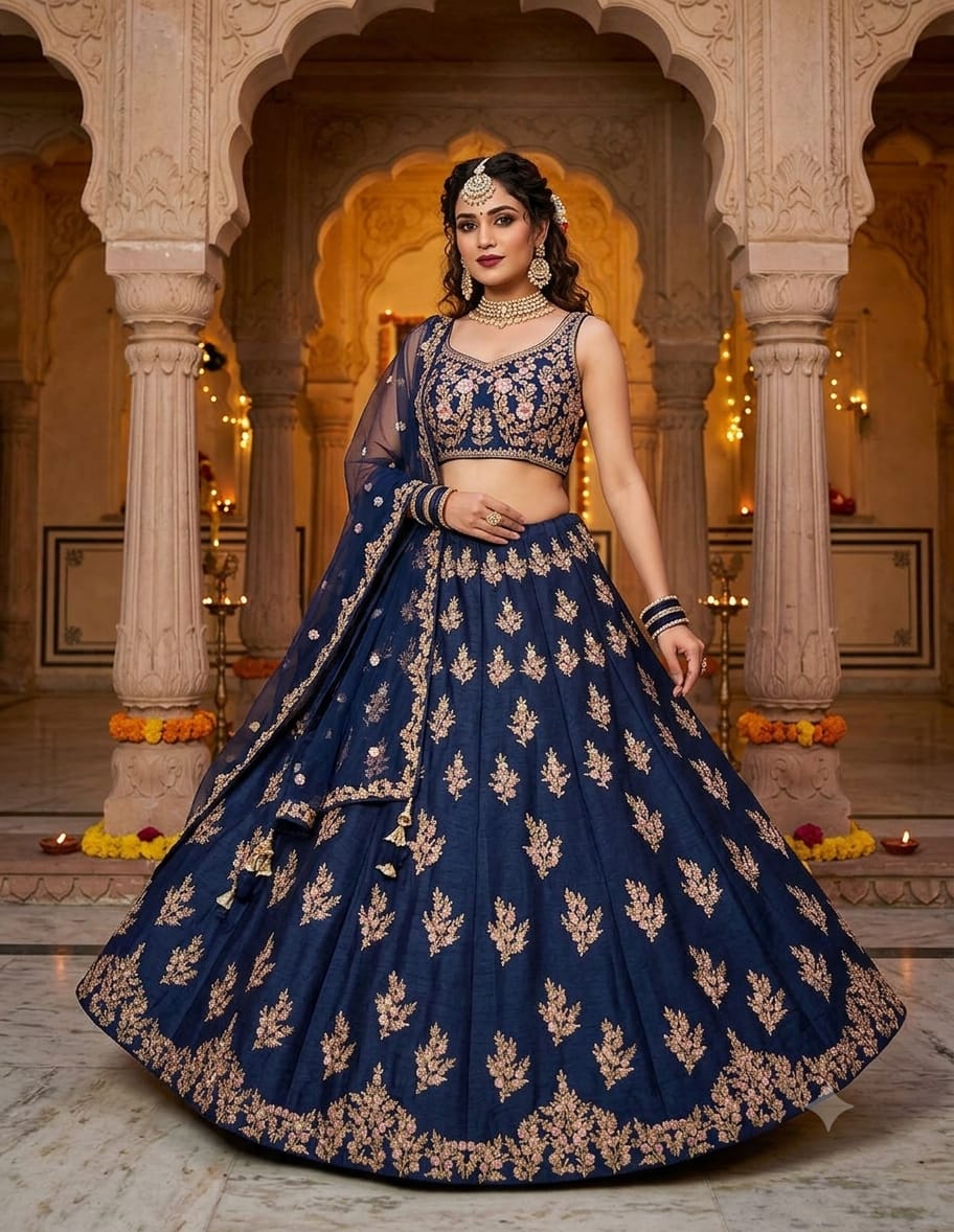 Royal Navy Blue Embroidered Silk Lehenga Choli Set.