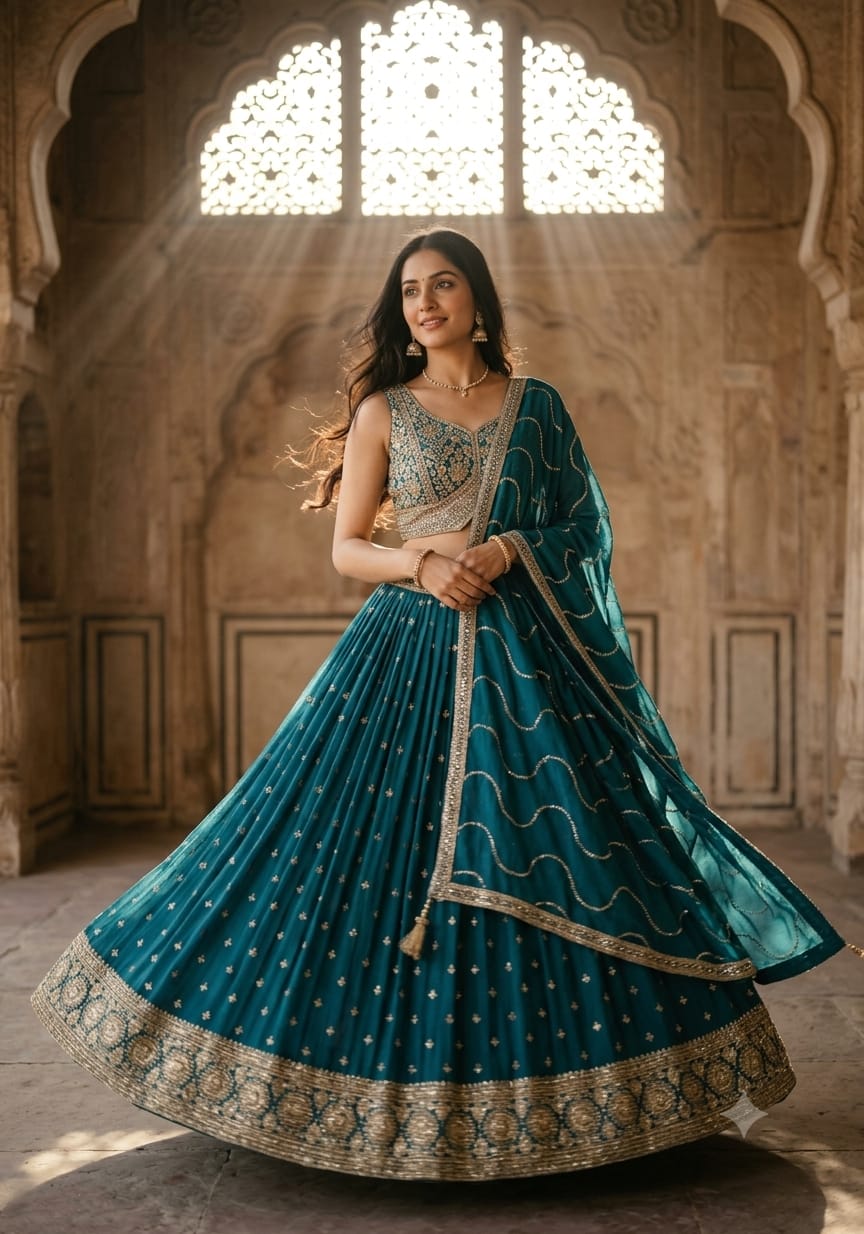 Teal Blue Zari & Sequin Embroidered Lehenga Choli Set
