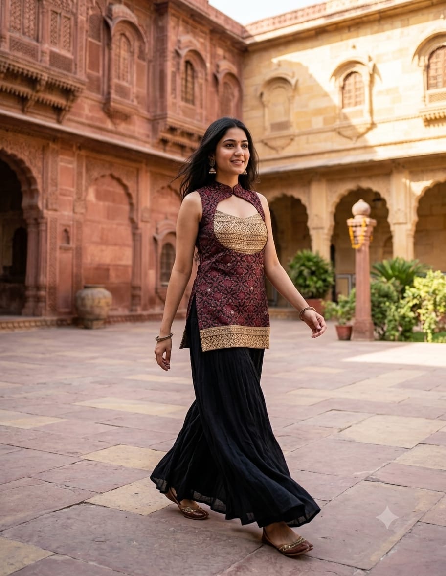 Maroon Patola Print Keyhole Tunic & Palazzo Set.