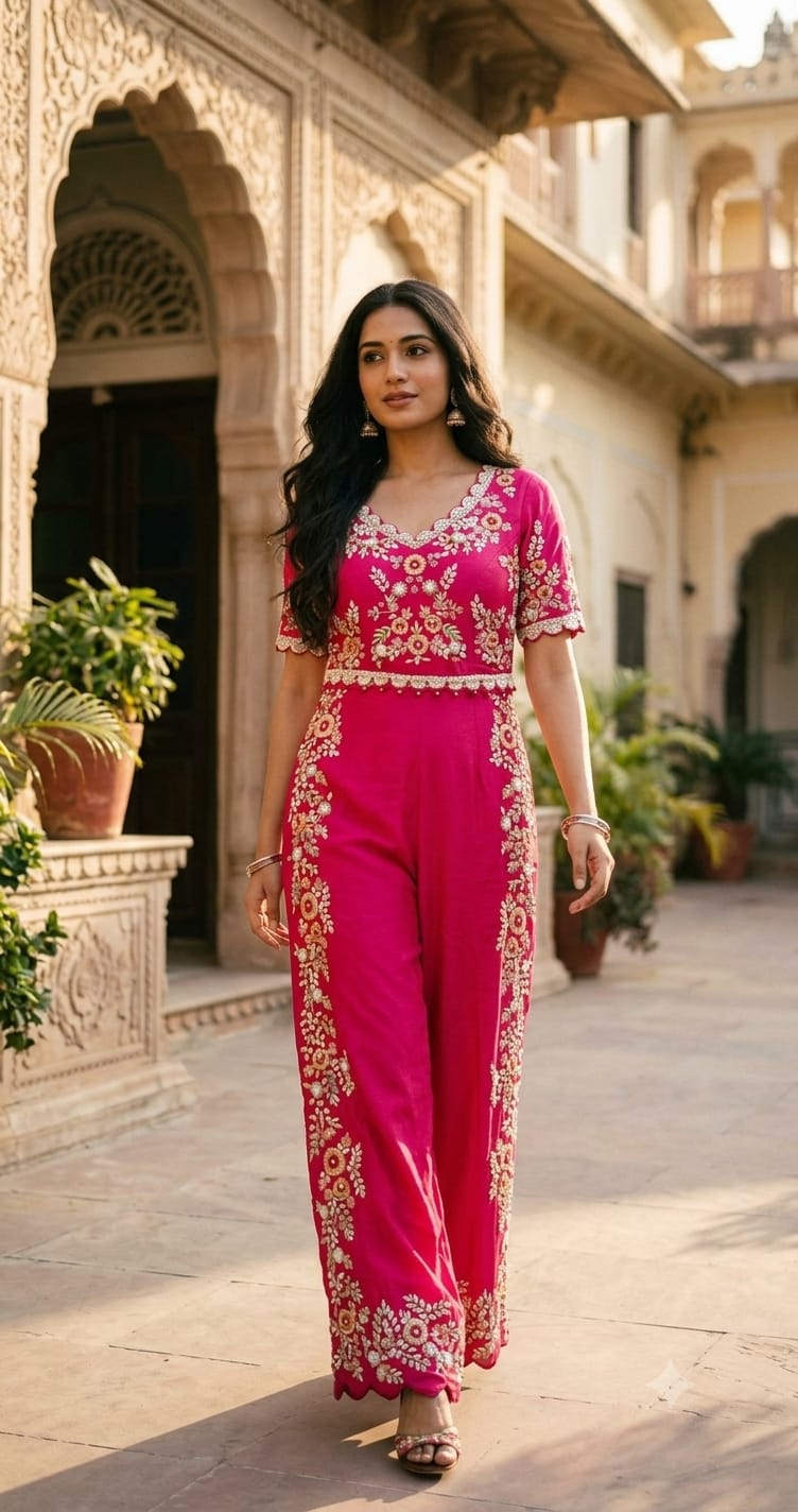 Rani Pink Floral Embroidered Festive Jumpsuit.