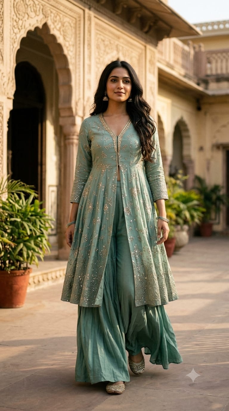 Mint Green Embroidered Longline Jacket Palazzo Set.