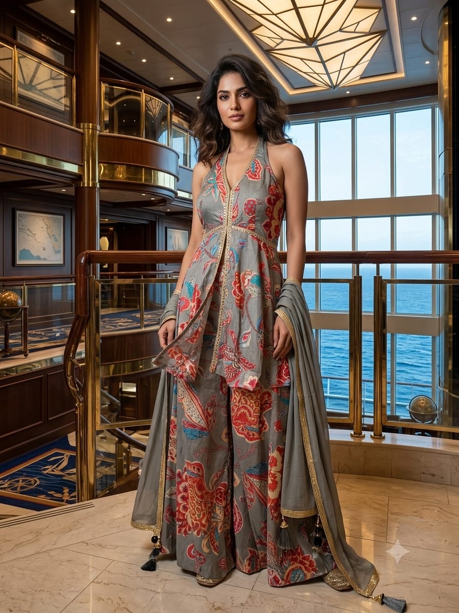 Grey Floral Printed Halter Neck Palazzo Set.
