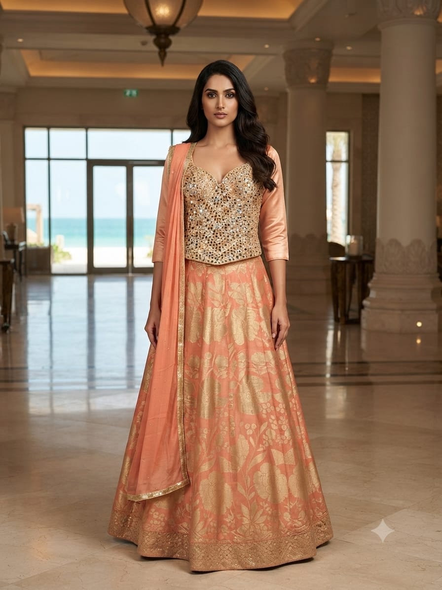 Simmer Peach Banarasi Lehenga with Heavy Mirror Corset Blouse.