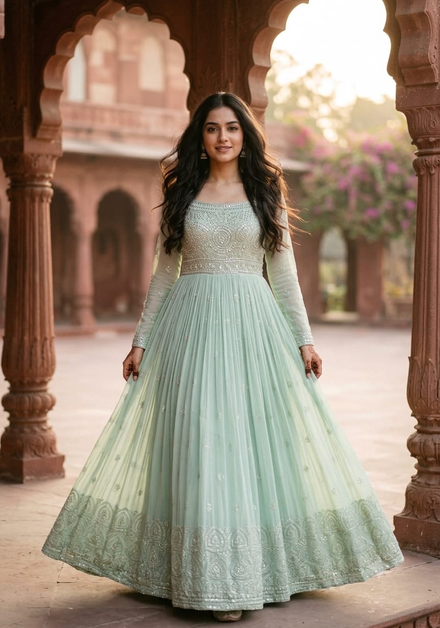 Mint Green Embroidered Georgette Anarkali Gown.