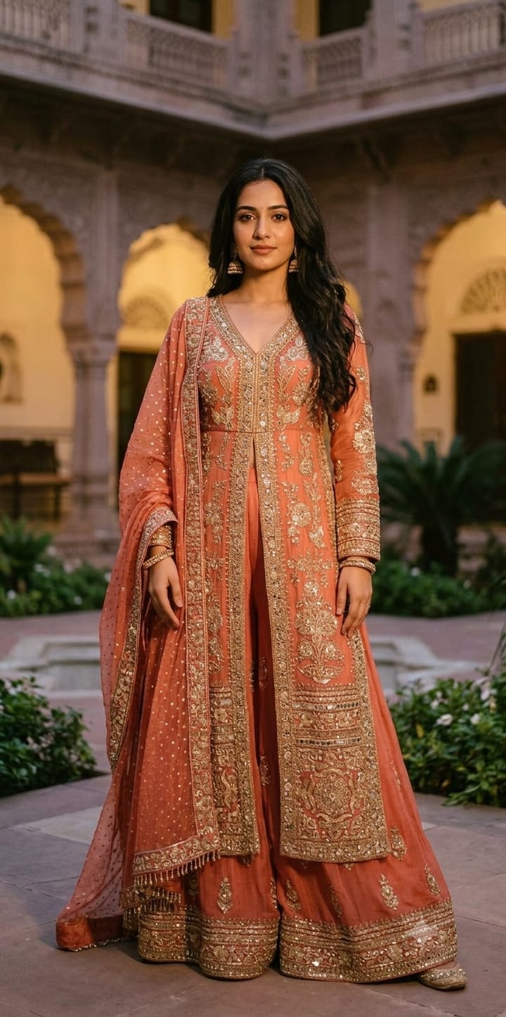 Simmer Peach Gota Patti & Mirror Work Jacket Palazzo Set.