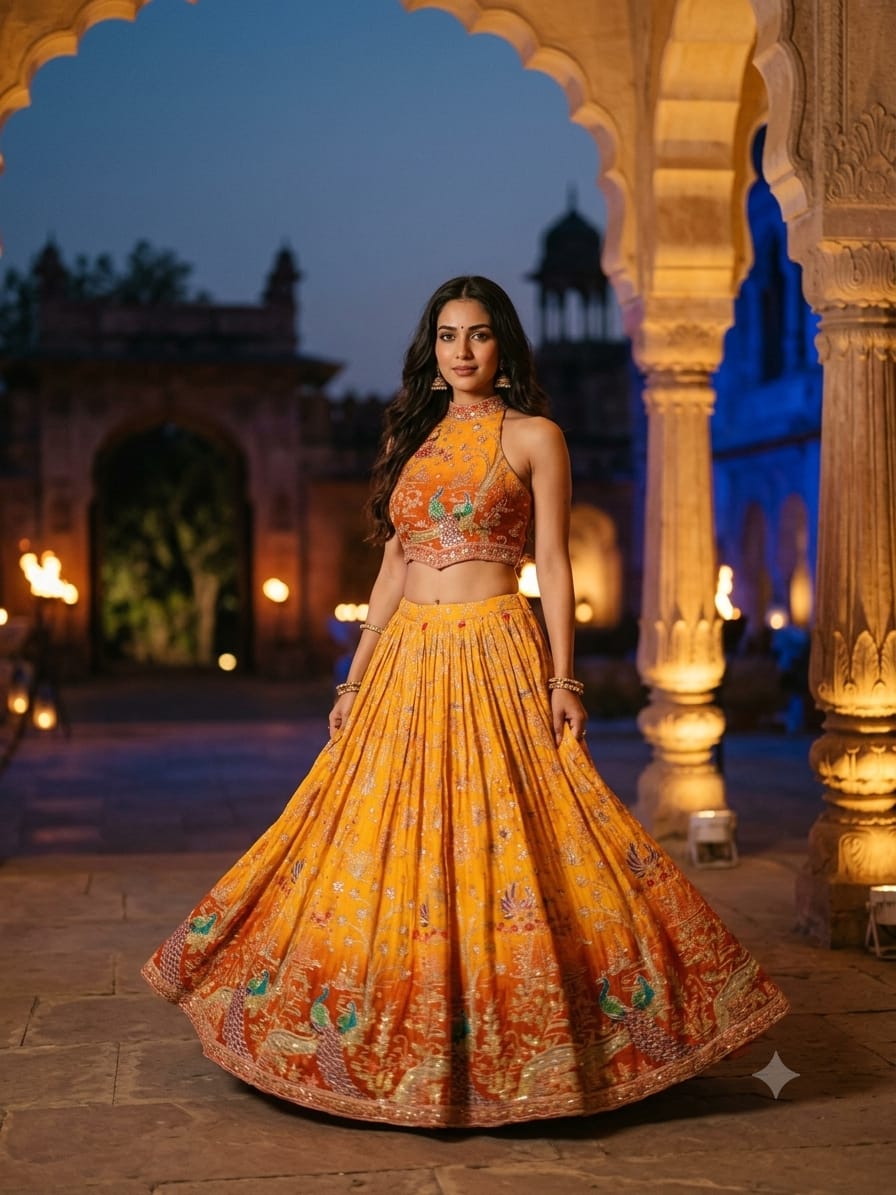 Mustard Yellow & Ochre Satin Silk Lehenga Set with Peacock Pichwai Embroidery.