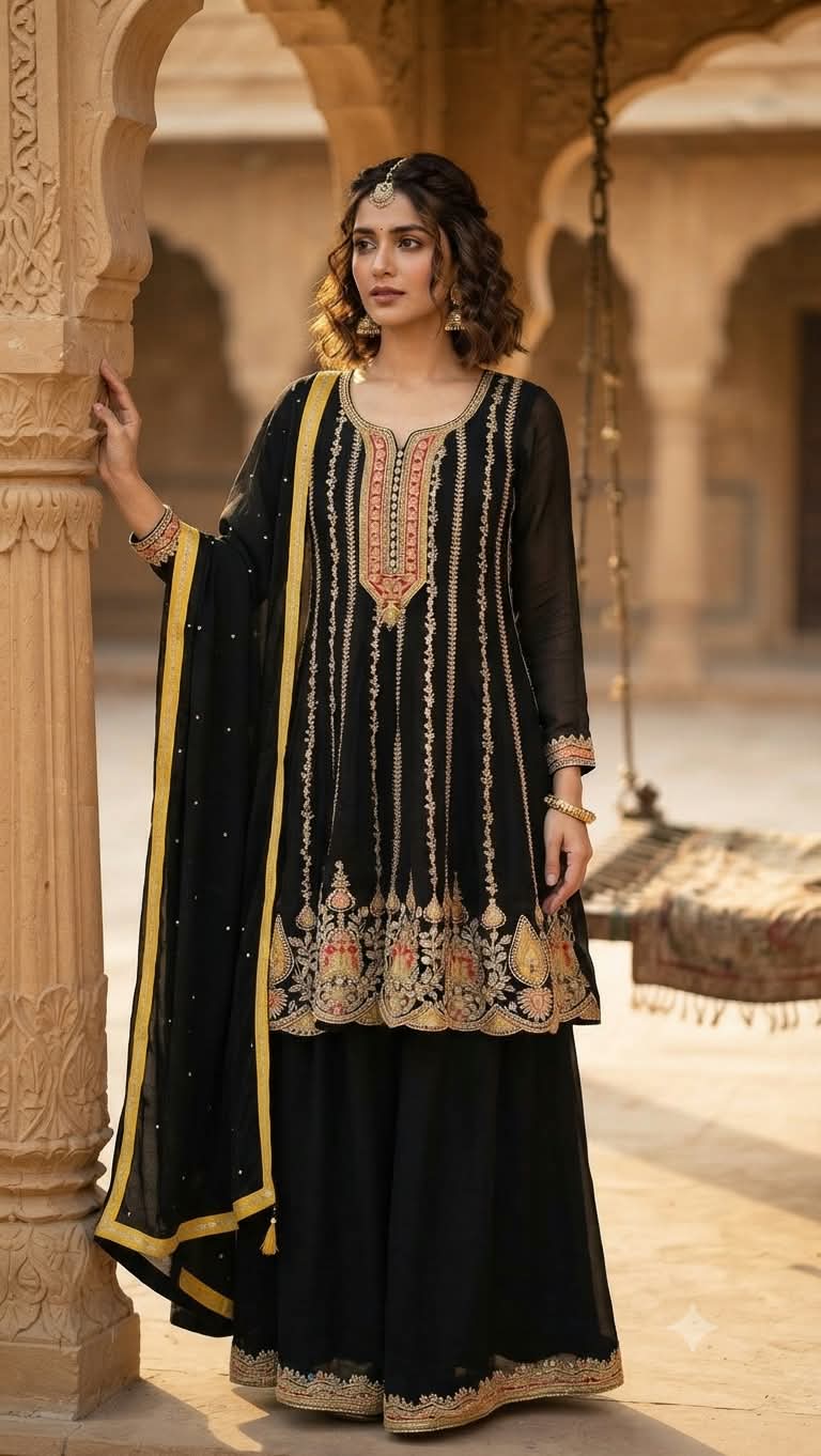 Elegant Black Embroidered Georgette Palazzo Suit Set Festive Wear, Wedding Functions, Eid, Diwali parties