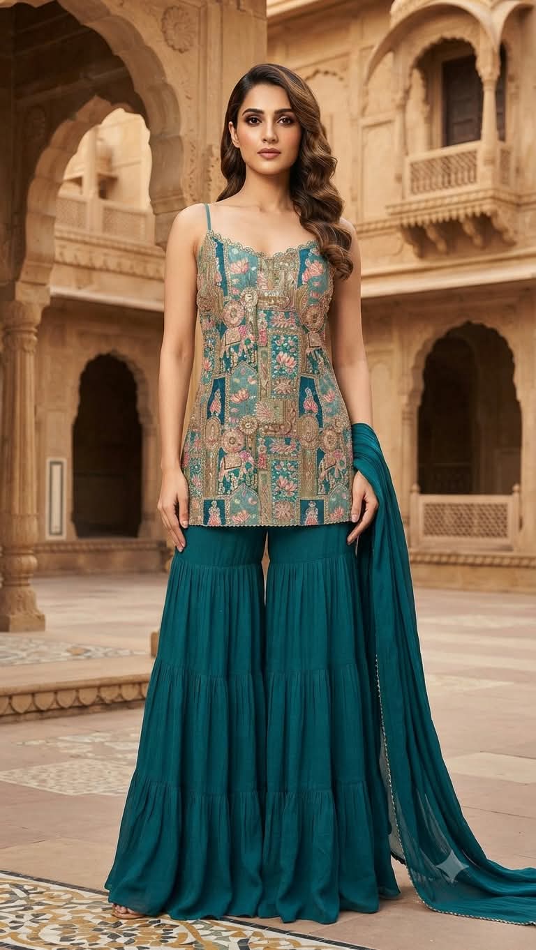 Teal Blue Heritage Printed & Embroidered Silk Palazzo Suit Set Mehendi, Sangeet, Pre-wedding Functions, Festive Parties