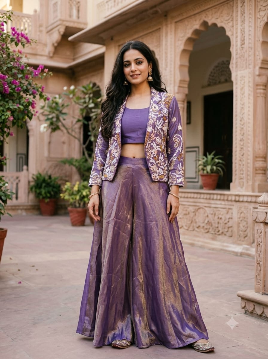 Lavender-Purple Embroidered Jacket, Crop Top & Tissue Palazzo 3-Piece Set