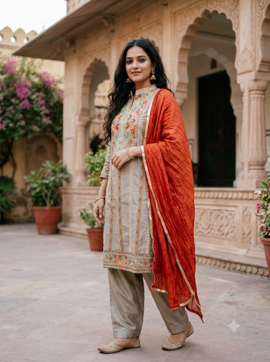 Warm Grey Embroidered Straight Kurta, Tapered Pants & Rust Dupatta Set
