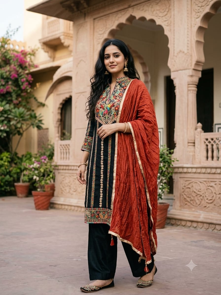 Charcoal Black Embroidered Straight Kurta, Straight Pants & Rust Dupatta Set