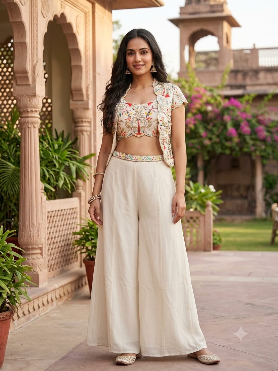 Ivory Floral Embroidered Koti Jacket, Crop Top & Palazzo 3-Piece Set