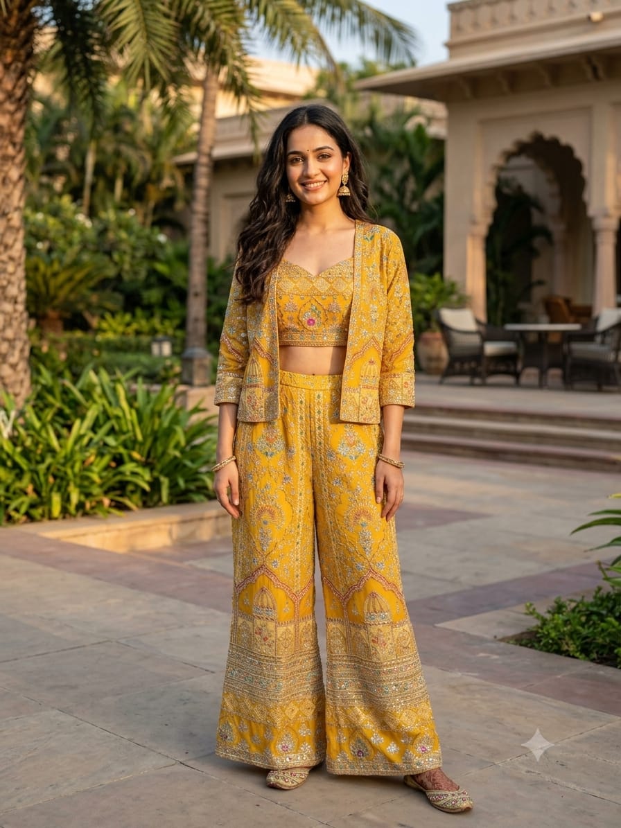 Mustard Yellow Embroidered Shrug, Bustier & Palazzo 3-Piece Set Haldi Ceremony, Mehendi, Sangeet, Festive Celebrations