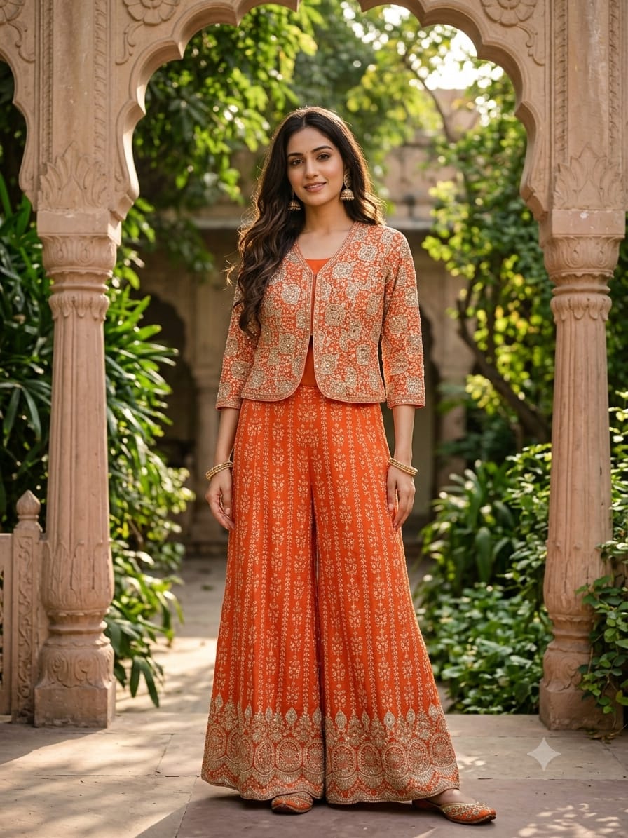 Rust Orange Embroidered Georgette Short Jacket, Inner Slip & Banarsi Palazzo 3-Piece Set.