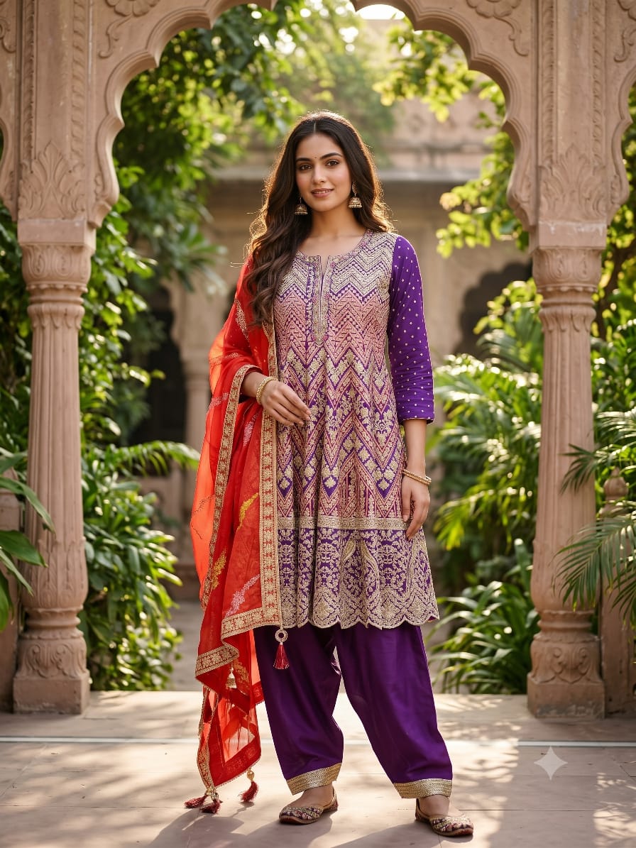 Dark Purple Embroidered Georgette Kurti, Pant & Red Dupatta Set  Mehendi, Sangeet, Diwali Parties, Wedding Guest Wear, Festivals