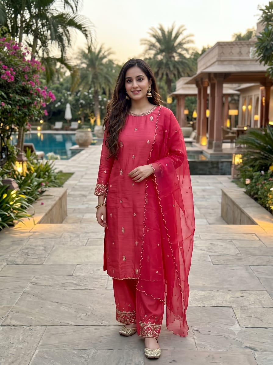 Radiant Rani Pink Silk-Blend Embroidered Kurta-Pant Set with Scalloped Dupatta.