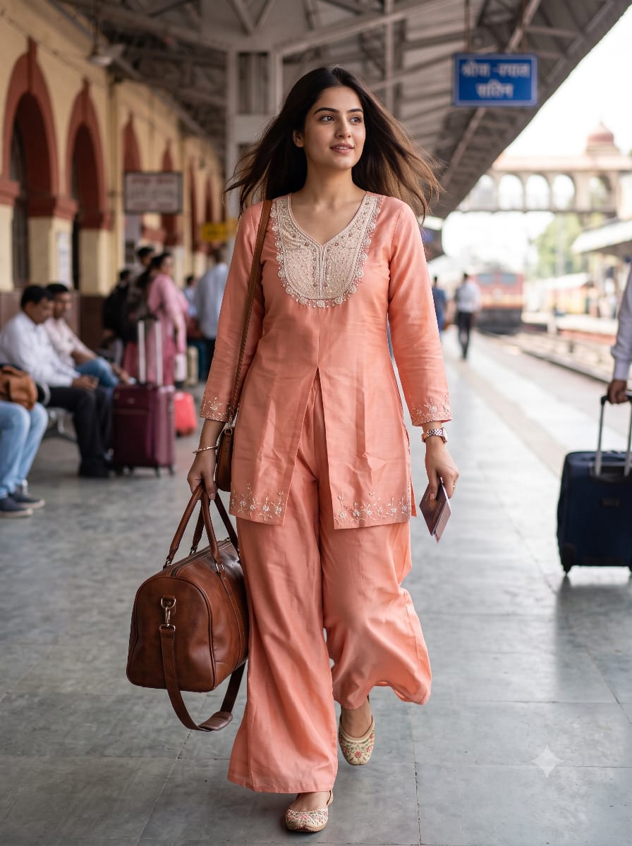 Pastel Peach Embroidered Front-Slit Kurta & Palazzo Set.