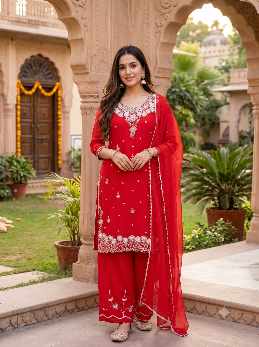 Scarlet Red Heavily Embroidered Georgette Kurta Palazzo Set with Dupatta