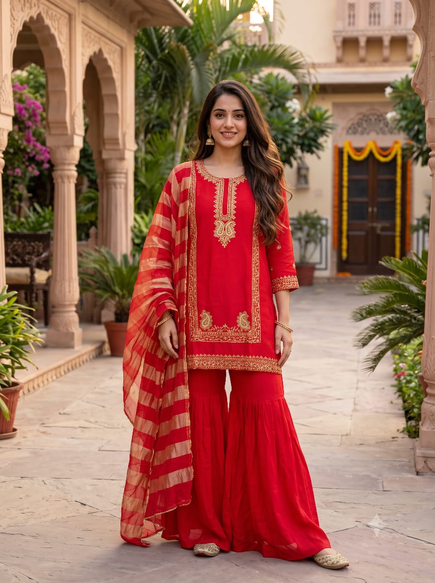 Vermilion Red Zari-Embroidered Georgette Gharara Set with Striped Dupatta.