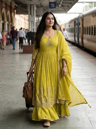 Olive Lime Georgette Anarkali Palazzo Set with Sheer Dupatta .
