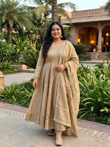 plendent beige-gold Anarkali suit set luxurious Chanderi silk blend.
