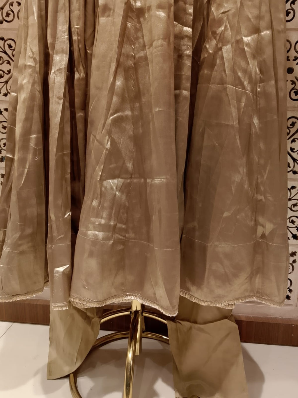 plendent beige-gold Anarkali suit set luxurious Chanderi silk blend.
