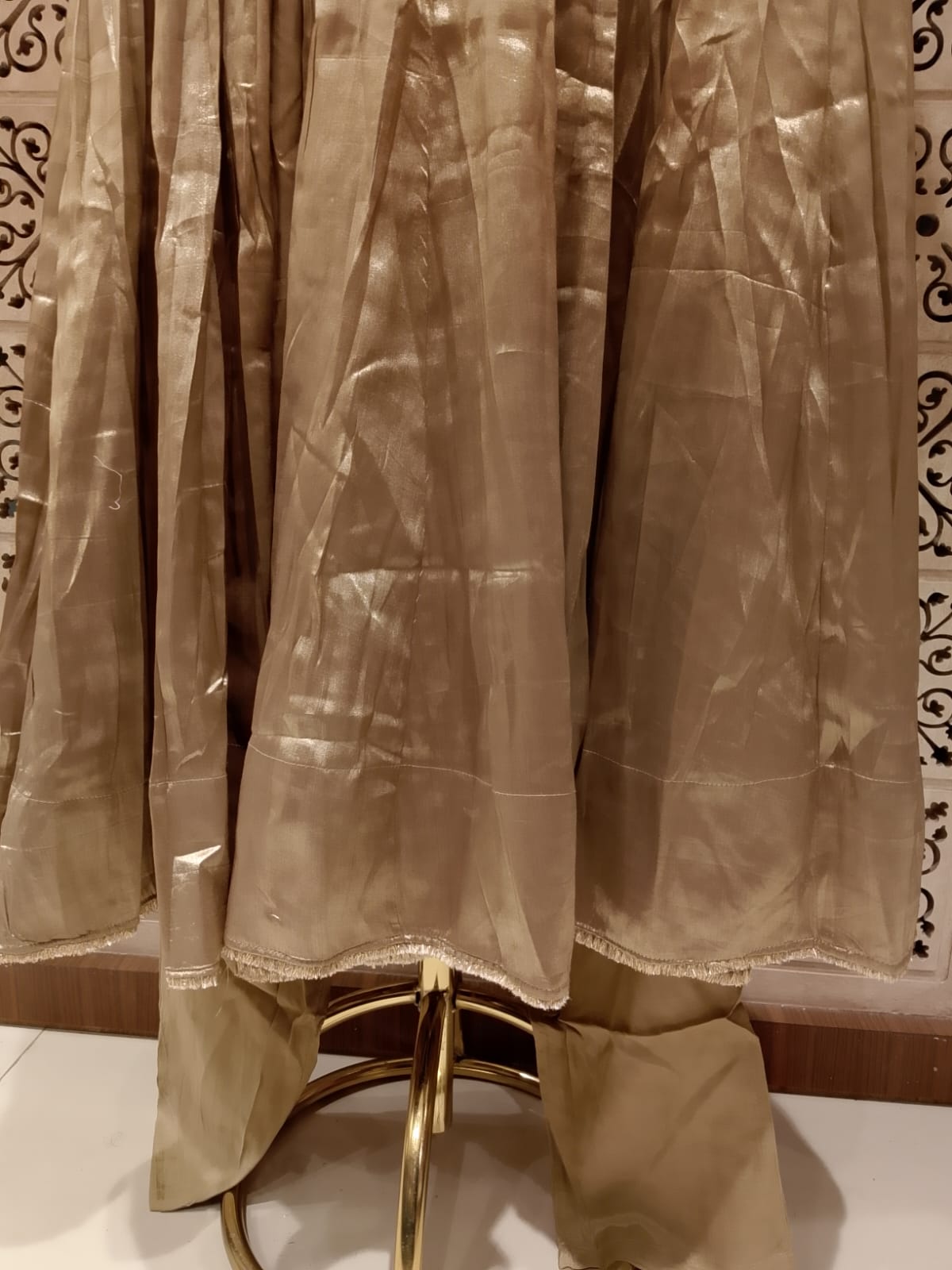 plendent beige-gold Anarkali suit set luxurious Chanderi silk blend.