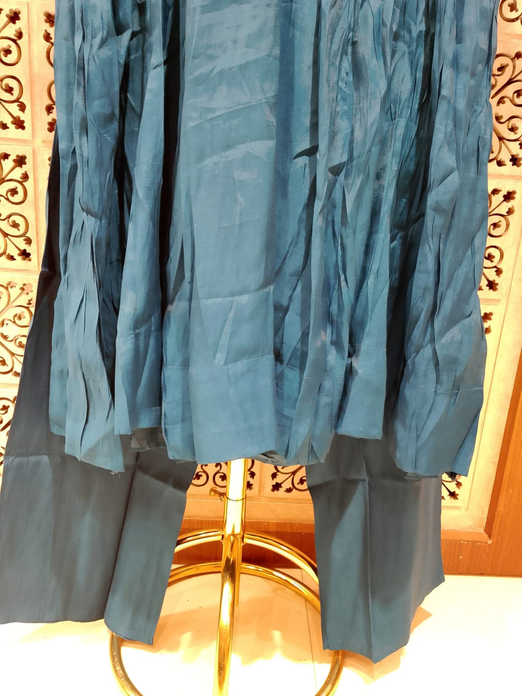 sophisticated peacock blue Anarkali suit set  luxurious Mul Chanderi fabric.