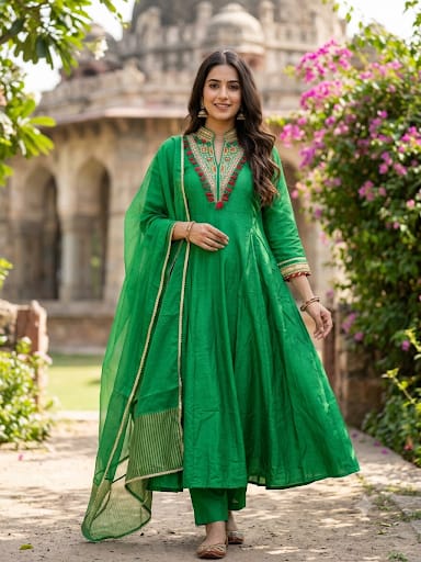 vibrant emerald green Anarkali suit set luxurious Satin silk-blend fabric.