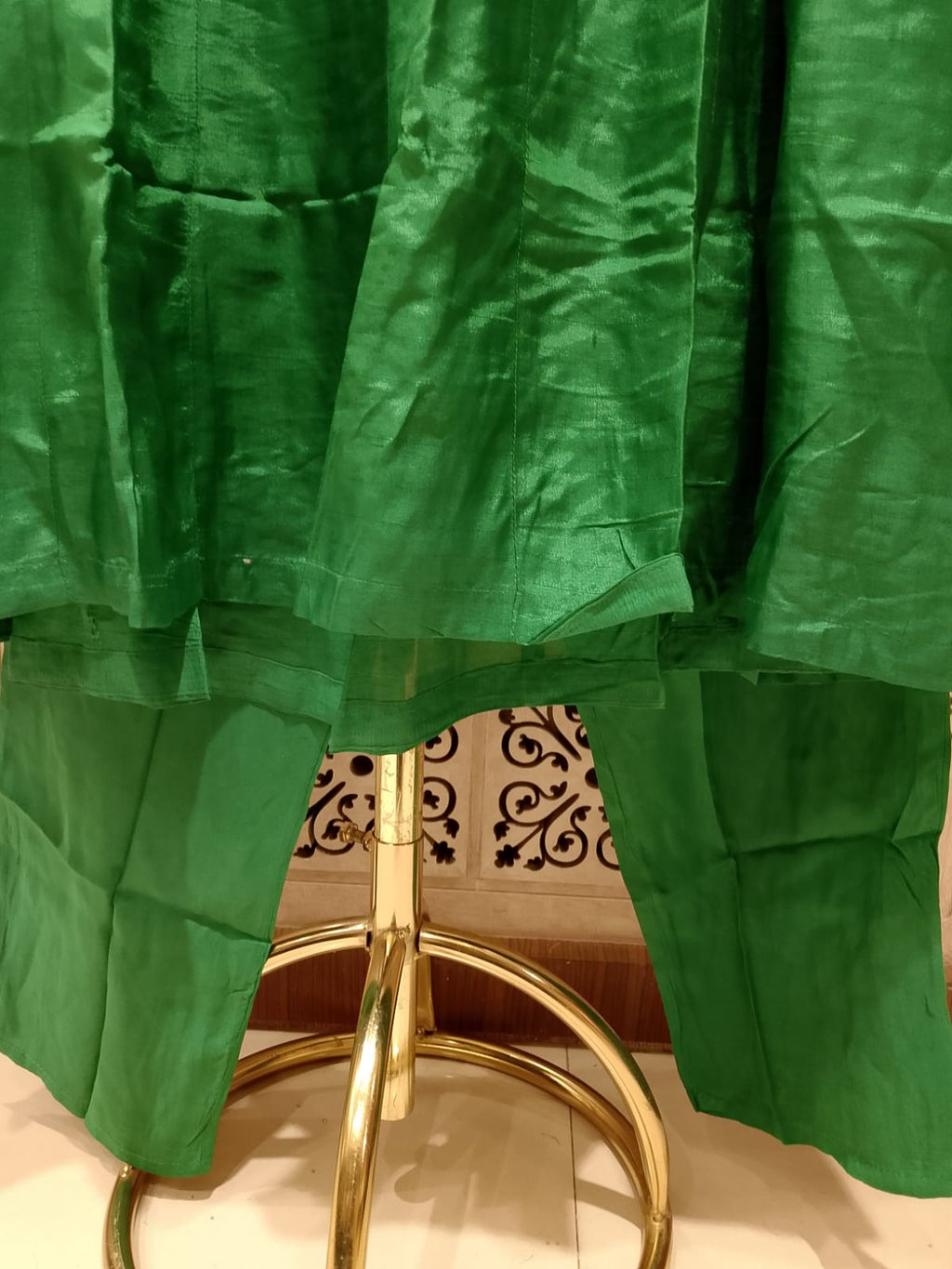 vibrant emerald green Anarkali suit set luxurious Satin silk-blend fabric.