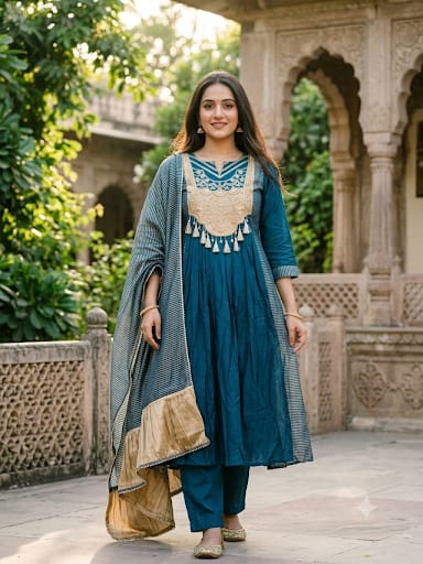 elegant teal blue Anarkali suit set  premium Mul Chanderi -blend fabric.