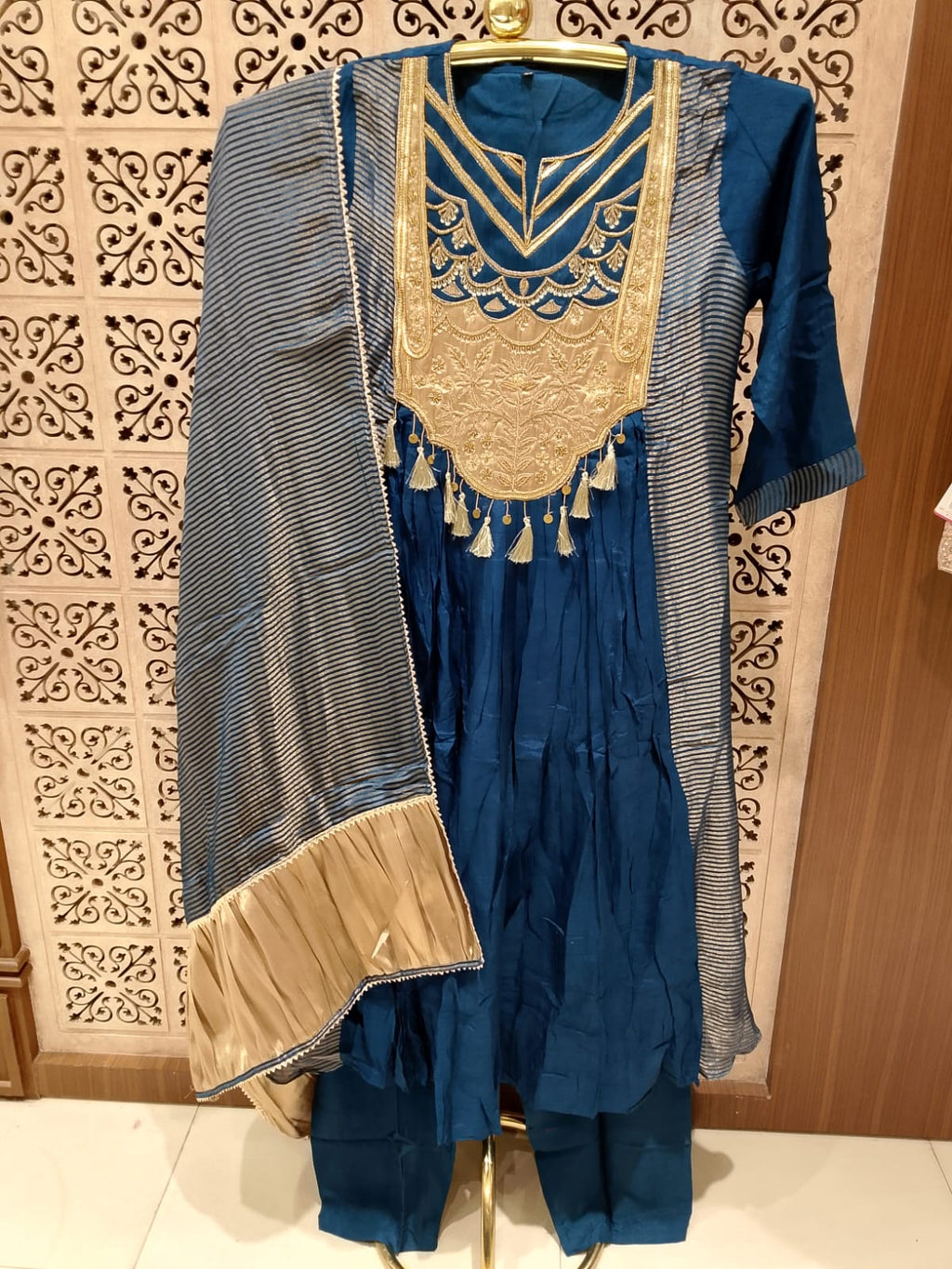 elegant teal blue Anarkali suit set  premium Mul Chanderi -blend fabric.
