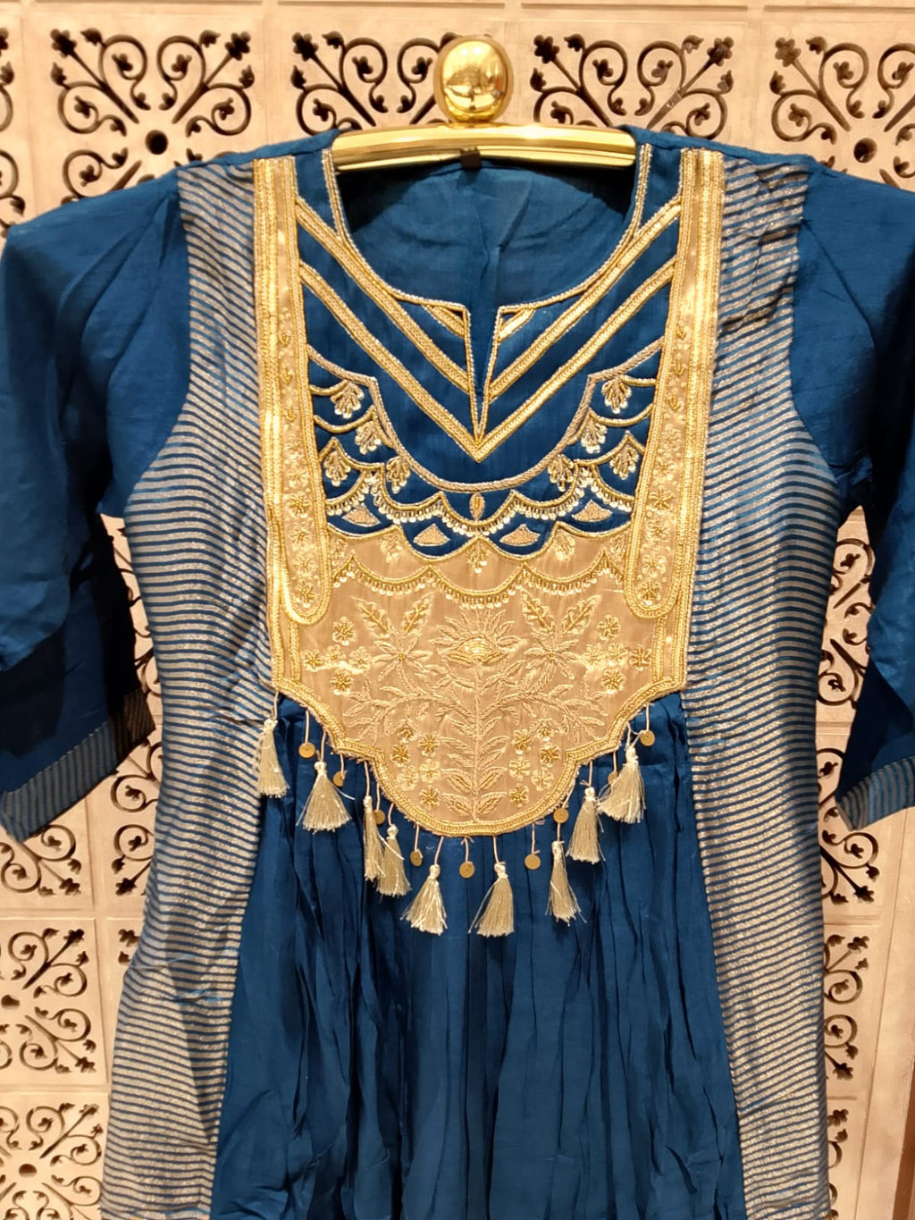 elegant teal blue Anarkali suit set  premium Mul Chanderi -blend fabric.