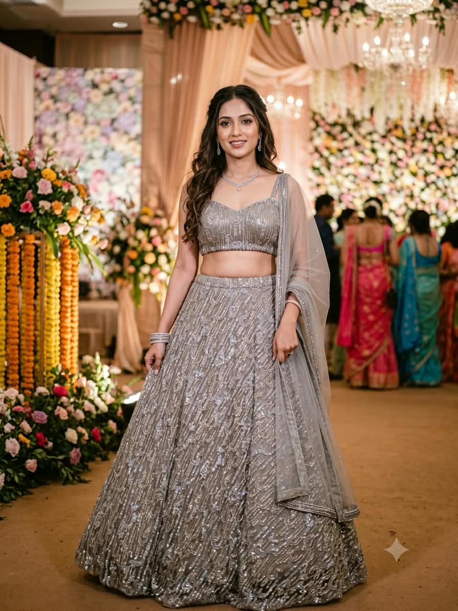 glamorous silver-grey metallic lehenga choli ensemble Premium net and shimmer fabrics,