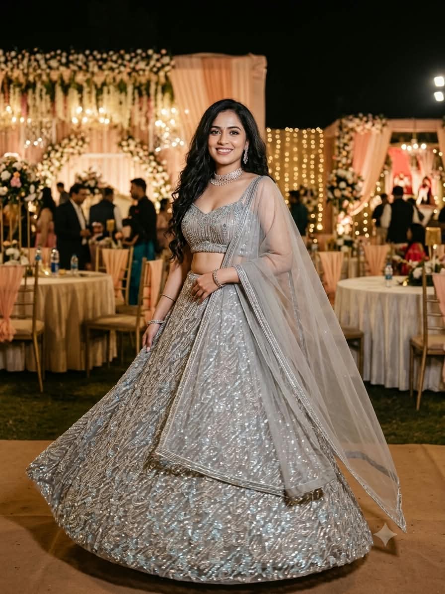 glamorous silver-grey metallic lehenga choli ensemble Premium net and shimmer fabrics,