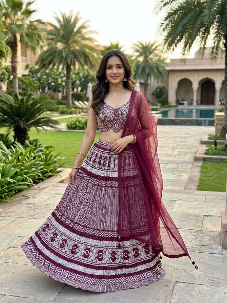 sophisticated wine-colored lehenga choli set premium Silk and crinkle-textured fabrics.