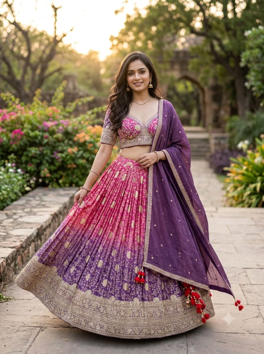 regal pink and purple ombre lehenga choli luxurious Geogertte fabrics.
