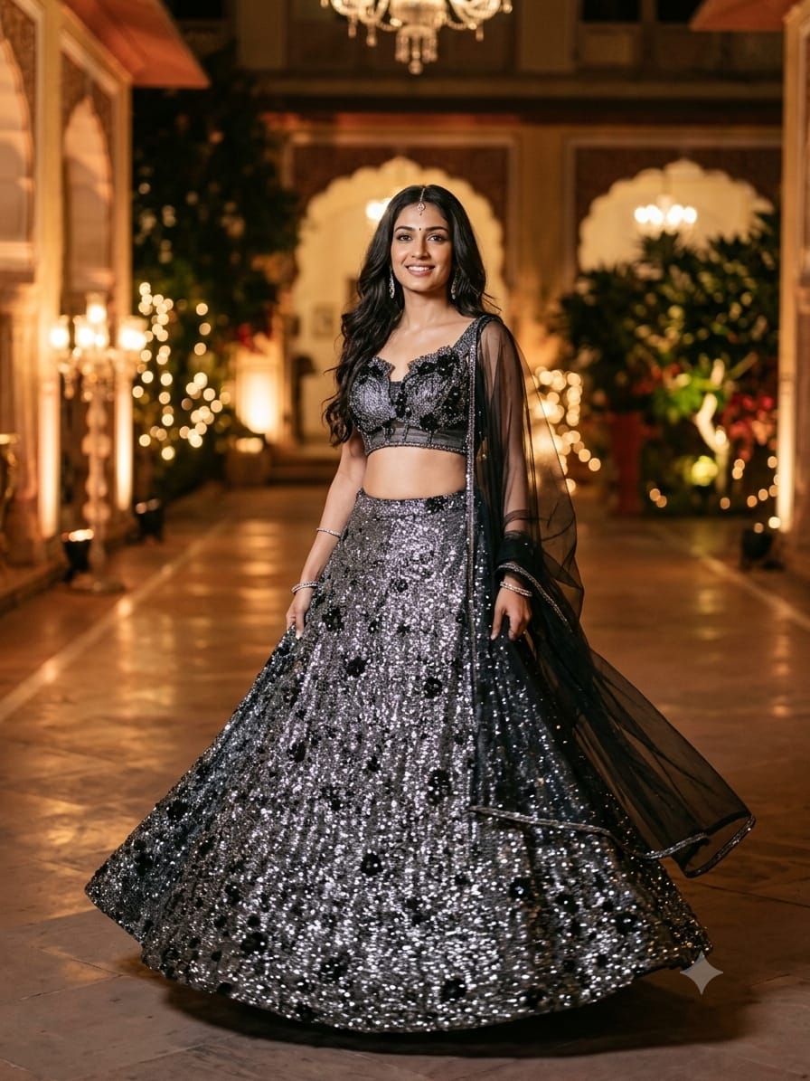 glamorous charcoal black and silver metallic lehenga set Cocktail parties, reception nights, glamorous sangeet events, and modern festive parties.