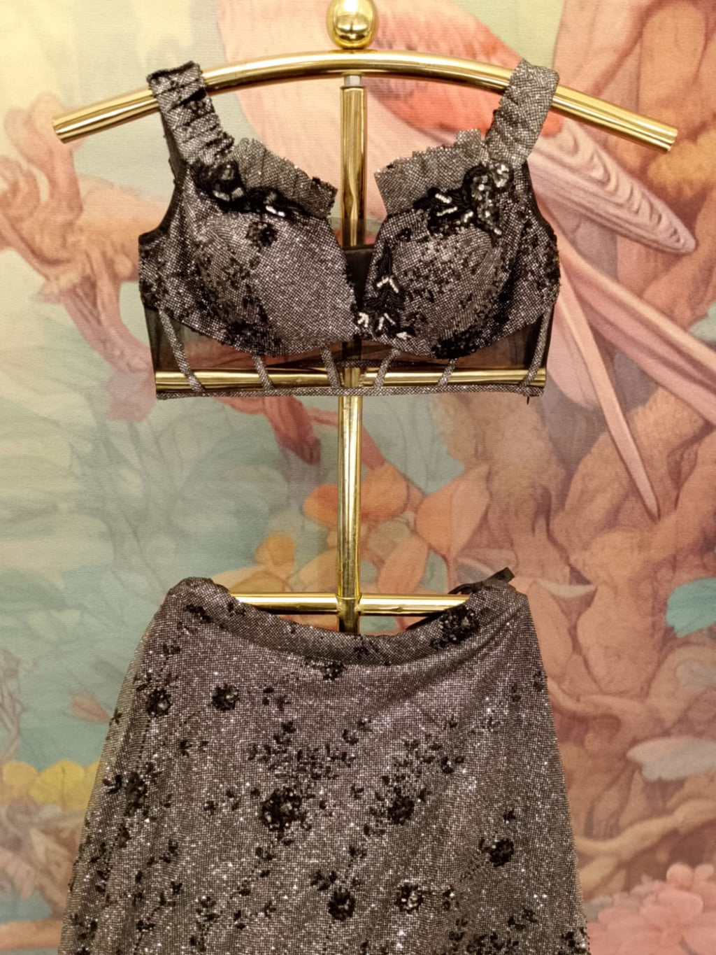 glamorous charcoal black and silver metallic lehenga set Cocktail parties, reception nights, glamorous sangeet events, and modern festive parties.