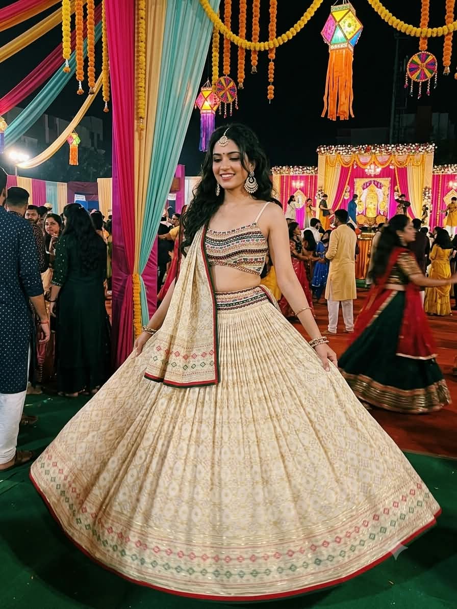 elegant ivory and gold Patola-inspired lehenga choli  premium lightweight georgette.