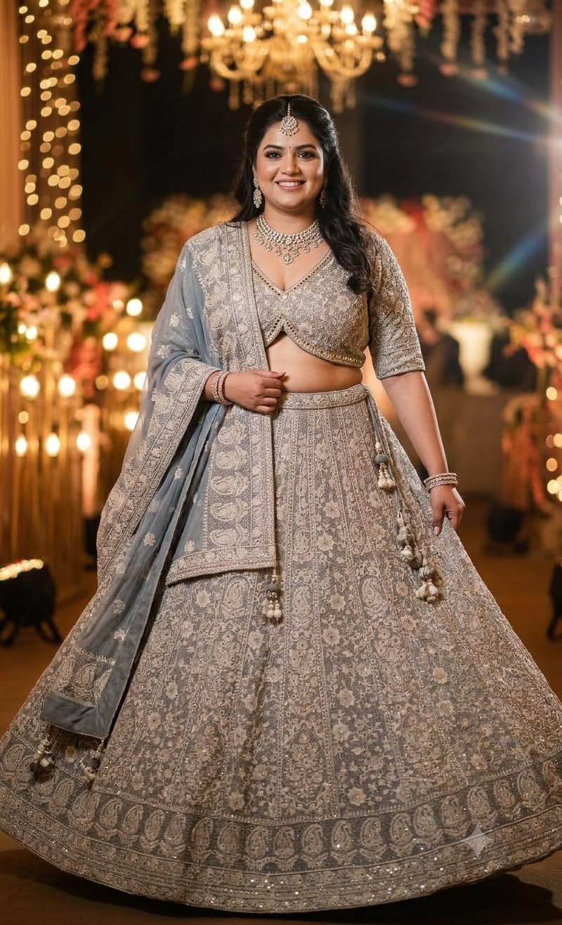 Bridal silver-grey Thread Work lehenga set premium georgette fabric Lehenga.