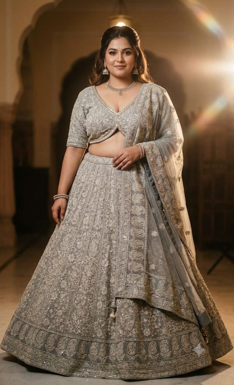 Bridal silver-grey Thread Work lehenga set premium georgette fabric Lehenga.