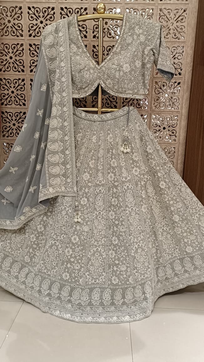 Bridal silver-grey Thread Work lehenga set premium georgette fabric Lehenga.